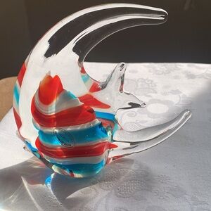 Venetian handmade red/white/ light blue glass fish EUC